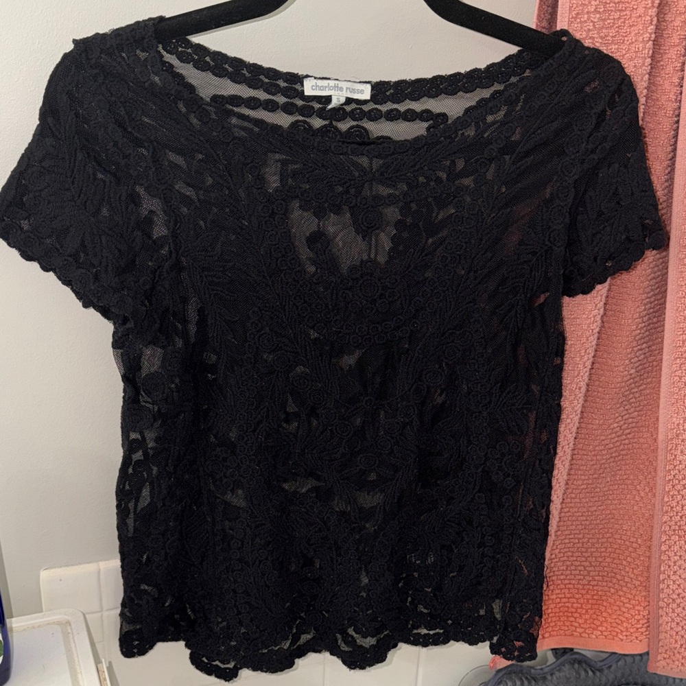 Charlotte Russe Black Lace Short Sleeve Top